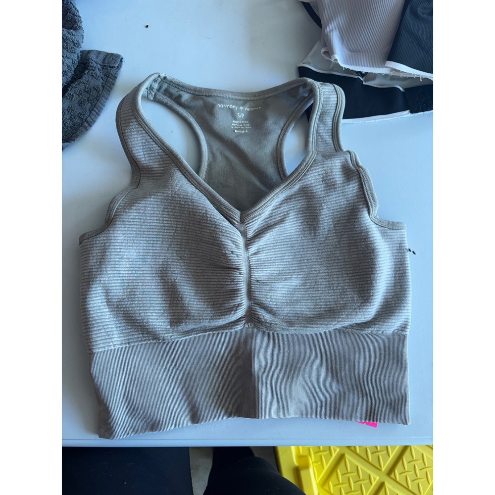 Harmony Balance Womens Seamless Ribbed Racerback Sports Bra Taupe Size Small